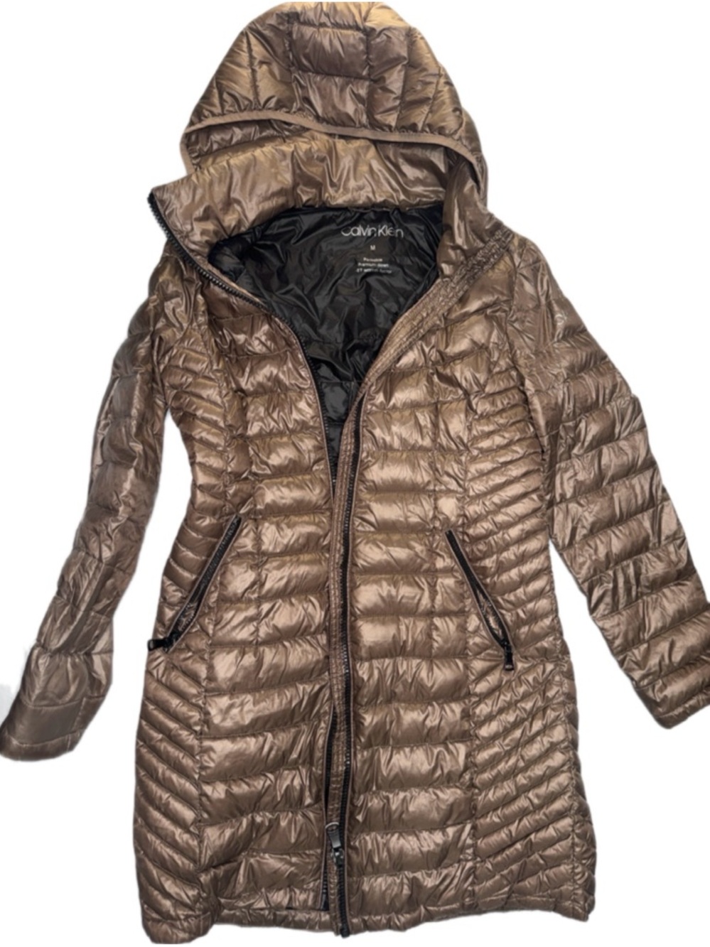 Calvin Klein Packable Hooded Down Puffer Jacket Brown Bronze Size M